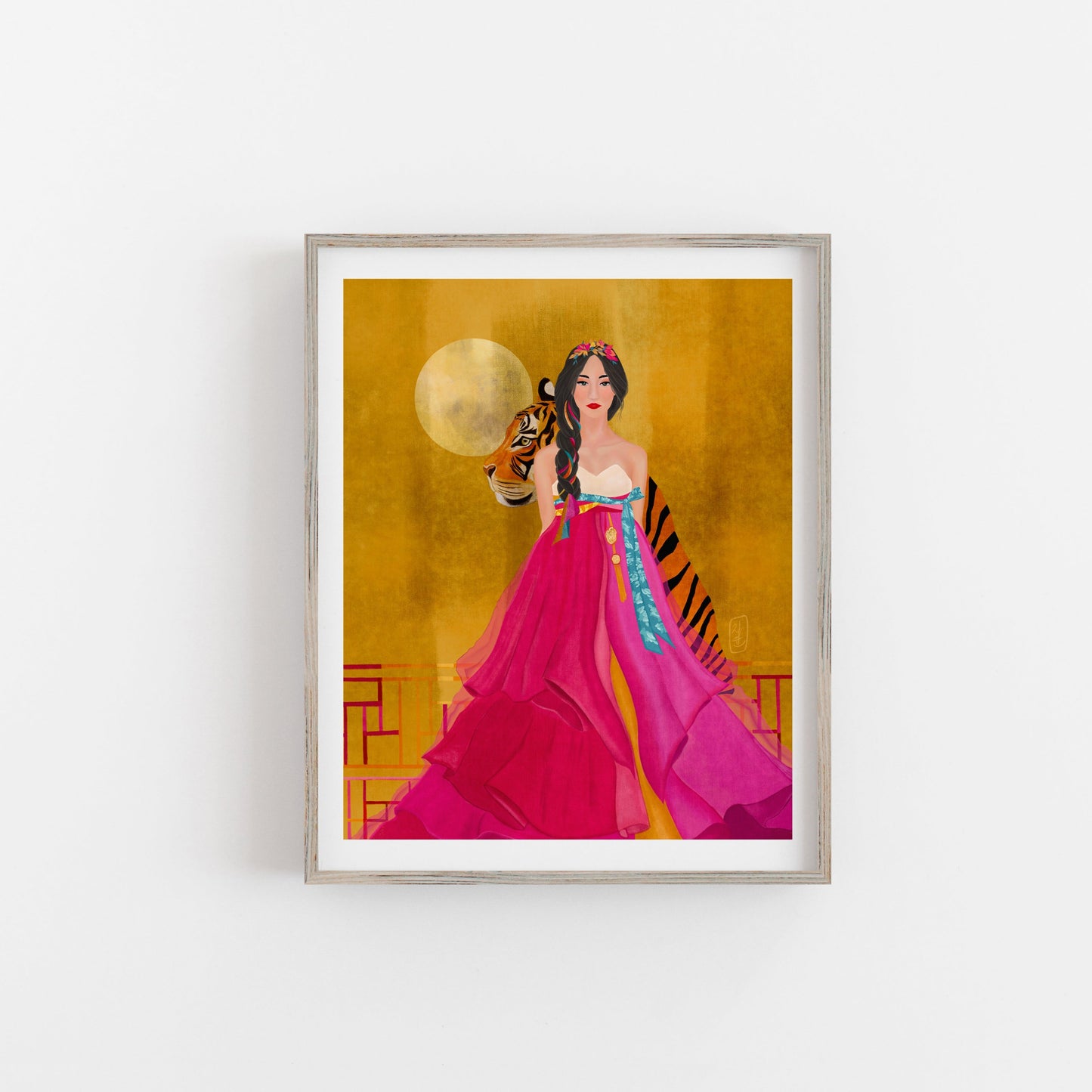 Modern Hanbok Art Print showcased in a brown wooden frame
