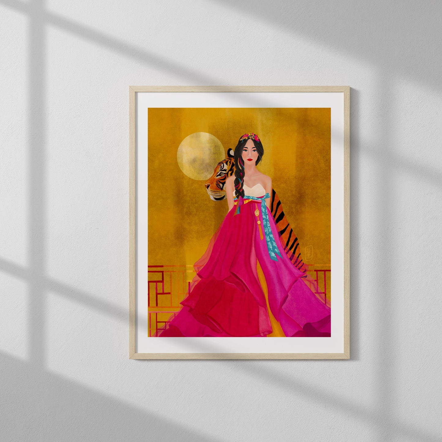 Modern Hanbok Art Print showcased in a light wooden frame with a shadow backdrop